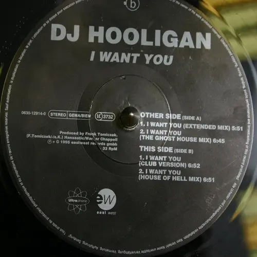 DJ Hooligan - I Want You, Electronic, Techno, 1995 - EastWest, Ultrahard, Ultraphonic, Europe, Vinyl 1x 12", 33 ⅓ RPM