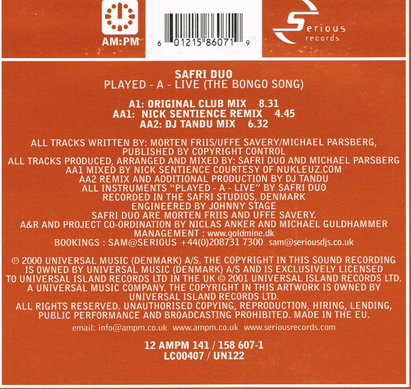 Safri Duo - Played - A - Live (The Bongo Song), Electronic, Hard Trance, House, Trance, 2001 - AM:PM, Serious Records, UK, Vi