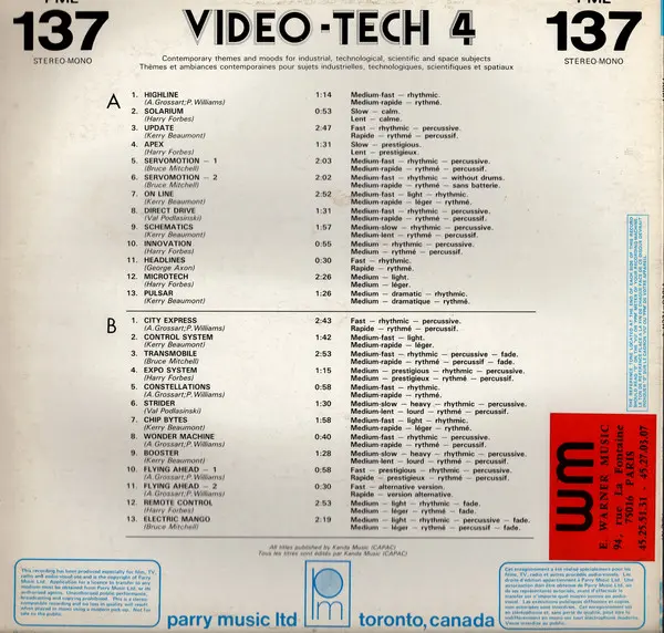 Various - Video-Tech 4, Electronic, Stage & Screen, Theme, 1985 - Parry Music Ltd, Canada, Vinyl 1x LP