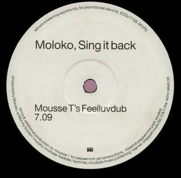 Moloko - Sing It Back, Electronic, Garage House, 1999 - Echo, UK, Vinyl 1x 12", Promo, 45 RPM