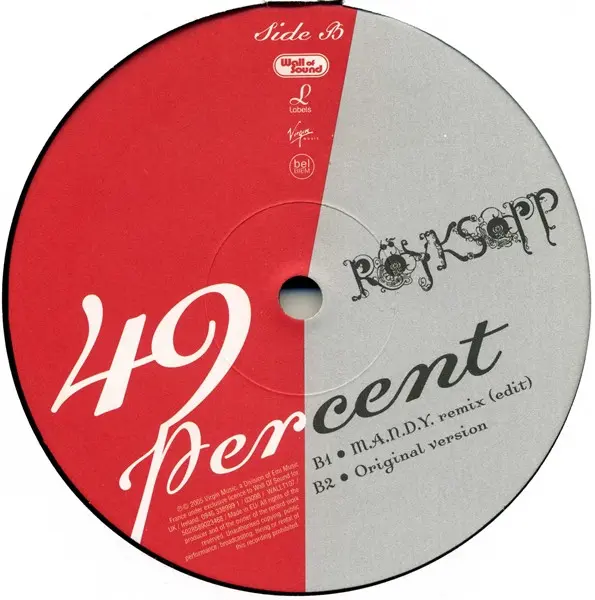 Röyksopp - 49 Percent, Electronic, Electro, House, 2005 - Labels, Virgin, Wall Of Sound, Europe, Vinyl 1x 12", 33 ⅓ RPM GZ Me