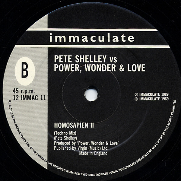 Pete Shelley VS Power, Wonder & Love - Homosapien II, Electronic, House, Techno, 1989 - Immaculate Records, UK, Vinyl 1x 12",
