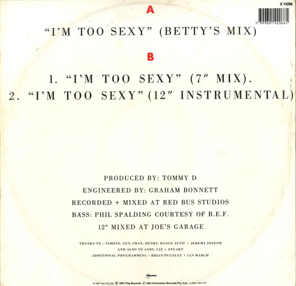 Right Said Fred - I'm Too Sexy - 1991 - Euro House - Liberation Records, Tug Records - Vinyl 1x 12", 45 RPM