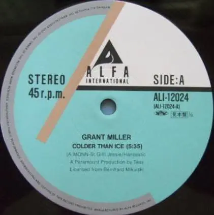 Grant Miller - Colder Than Ice / Red For Love, Electronic, Euro-Disco, 1986 - Alfa International, Japan, Vinyl 1x 12", 45 RPM
