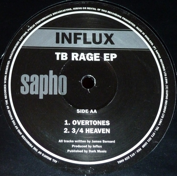 Influx - TB Rage EP, Electronic, Acid, Techno, 1994 - Sapho, UK, Vinyl 1x 12", 33 ⅓ RPM, EP