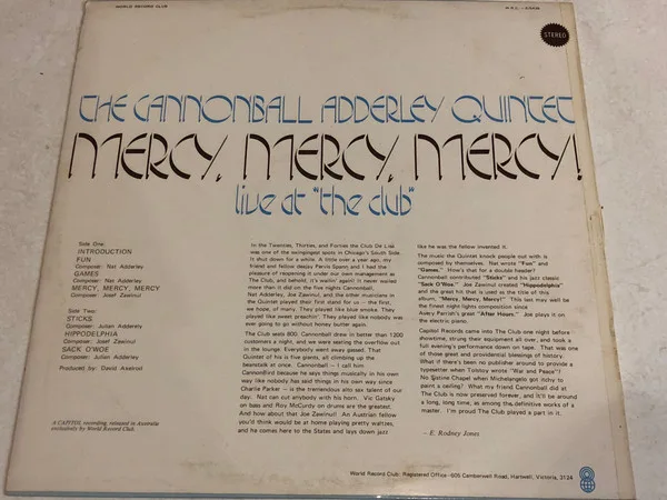 Album cover for Mercy, Mercy, Mercy! - Live At "The Club" by Cannonball Adderley Quintet, The