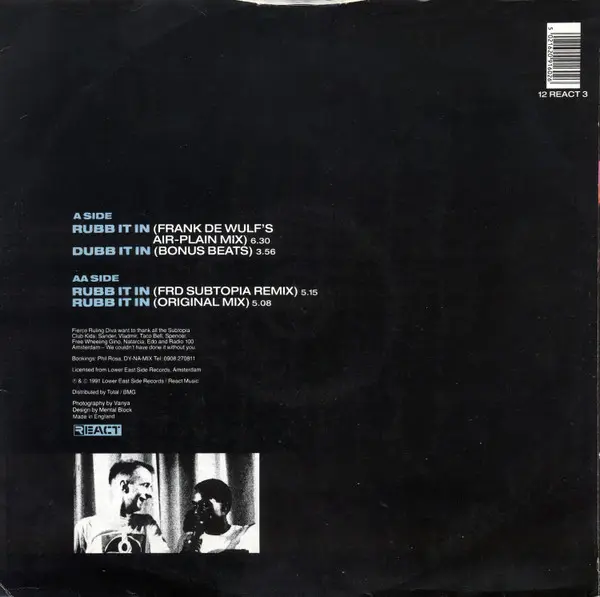 Fierce Ruling Diva - Rubb It In, Electronic, Acid, House, Techno, 1992 - React, UK, Vinyl 1x 12", 33 ⅓ RPM, Single