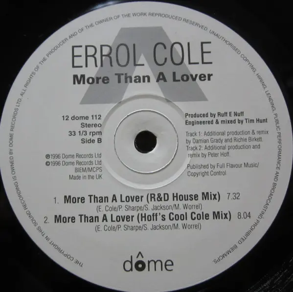 Errol Cole - More Than A Lover, Funk / Soul, RnB/Swing, Soul, 1996 - Dome Records, UK, Vinyl 1x 12", 33 ⅓ RPM