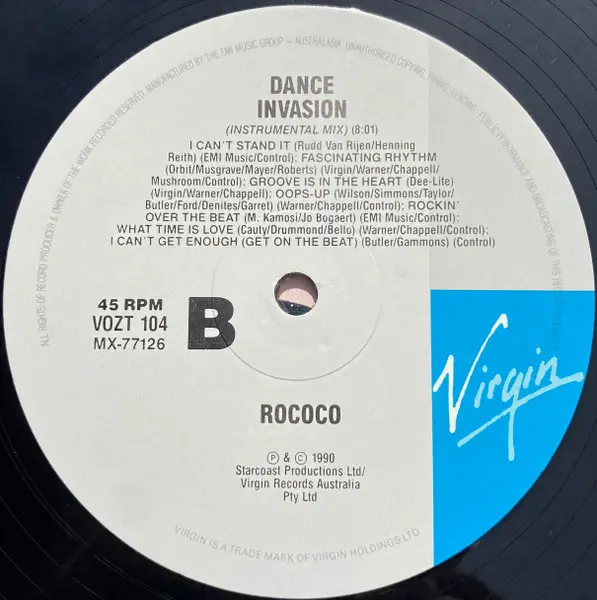 Rococo - Dance Invasion, Electronic, Euro House, Tech House, 1991 - Virgin, Australia, Vinyl 1x 12", 45 RPM, Mixed