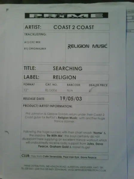 Coast 2 Coast - Searching, Electronic, Trance, 2003 - Religion Music, UK, Vinyl 1x 12", 45 RPM
