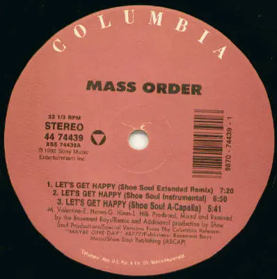 Mass Order - Let's Get Happy - 1992 - Garage House, House - Columbia - Vinyl 1x 12", 33 ⅓ RPM