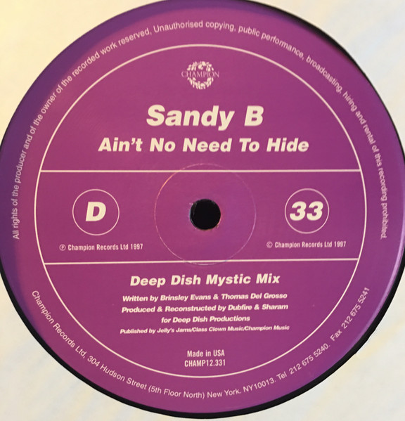 Sandy B - Ain't No Need To Hide, Electronic, Deep House, House, 1997 - Champion, US, Vinyl 2x 12", 33 ⅓ RPM