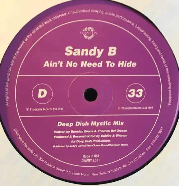 Sandy B - Ain't No Need To Hide, Electronic, Deep House, House, 1997 - Champion, US, Vinyl 2x 12", 33 ⅓ RPM