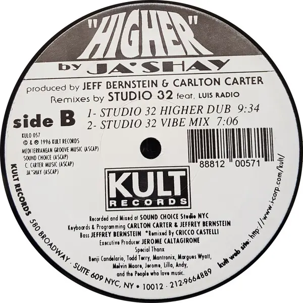 Ja'shay - Higher (Studio 32 Remixes), Electronic, House, 1996 - Kult Records, US, Vinyl 1x 12", 33 ⅓ RPM
