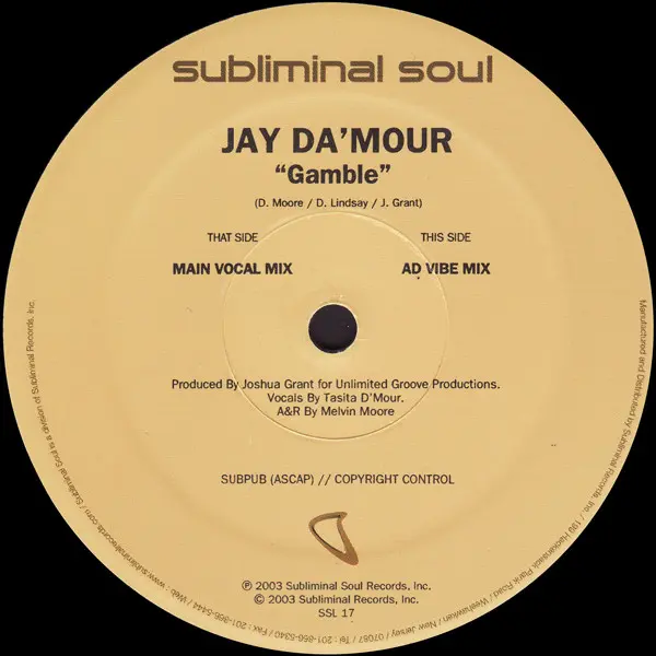 Jay Da'mour - Gamble, Electronic, House, 2003 - Subliminal Soul, US, Vinyl 1x 12", 33 ⅓ RPM