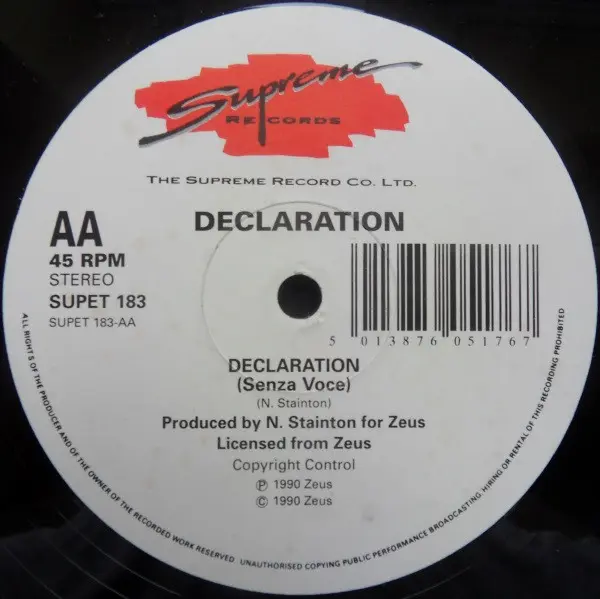 Declaration - Declaration - 1990 - Downtempo, House - Supreme Records (3) - Vinyl 1x 12", 45 RPM, Stereo