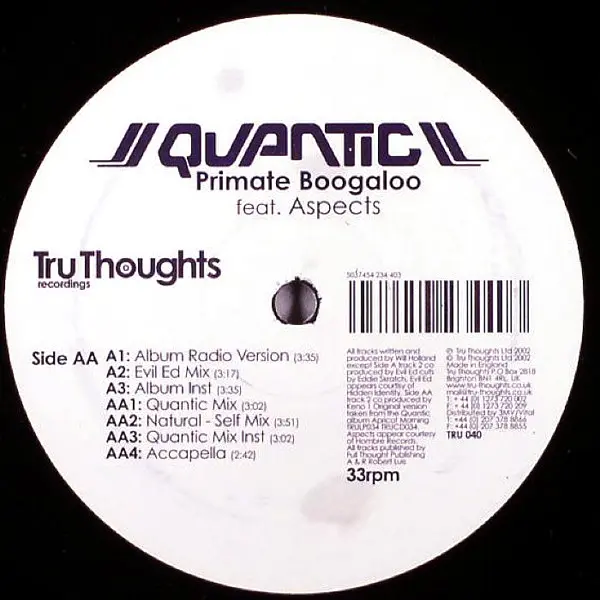 Quantic - Primate Boogaloo, Electronic, Hip Hop, Downtempo, Hip Hop, 2002 - Tru Thoughts, UK, Vinyl 1x 12", Single, 33 ⅓ RPM