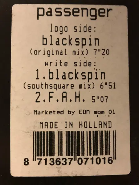 Passenger (2) - Blackspin, Electronic, Tech House, Trance, 1997 - Momentum Recordings, Netherlands, Vinyl 1x 12", 45 RPM