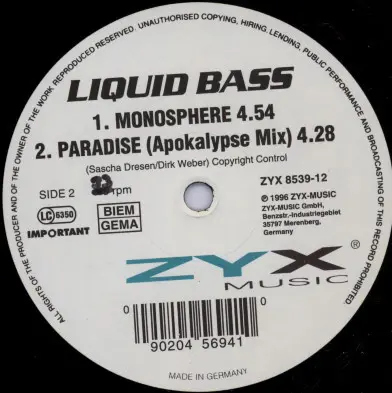 Liquid Bass - Back On Rave, Electronic, Hard Trance, 1996 - ZYX Music, Germany, Vinyl 1x 12"