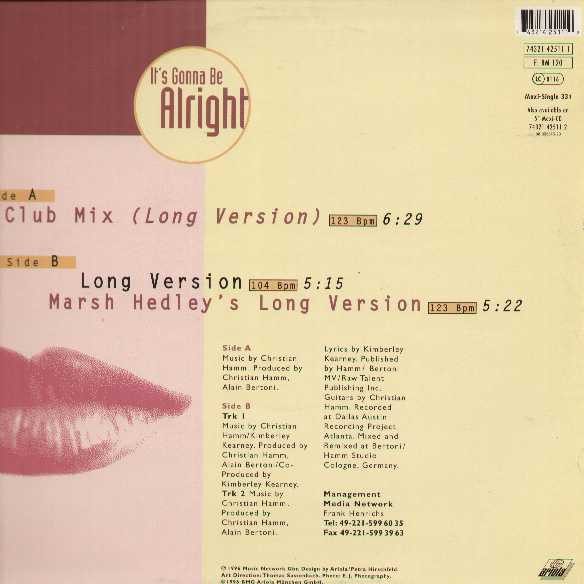 Tempest - It's Gonna Be Alright - 1996 - Euro House, House, Pop Rap - Ariola - Vinyl 1x 12", 33 ⅓ RPM, Maxi-Single, Stereo