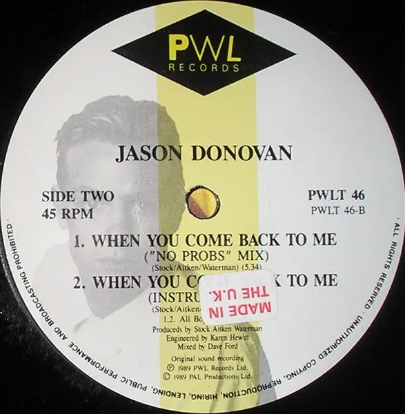 Jason Donovan - When You Come Back To Me, Electronic, Pop, Dance-pop, Synth-pop, 1989 - PWL Records, UK, Vinyl 1x 12", 45 RPM
