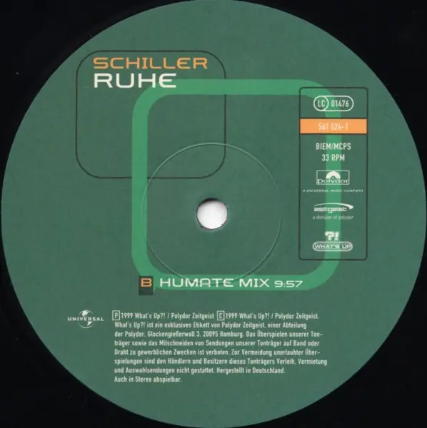 Schiller - Ruhe, Electronic, Trance, 1999 - Sleepingroom, What's Up ?!, Germany, Vinyl 1x 12", 33 ⅓ RPM Green Front Artwork