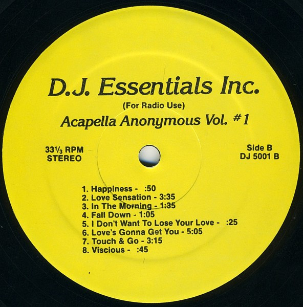 Various - Acapella Anonymous Vol. #1, Funk / Soul, Non-Music, Disco, Spoken Word, 1986 - DJ Essentials Inc., US, Vinyl 1x LP,