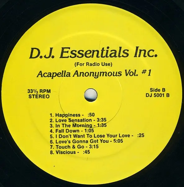 Various - Acapella Anonymous Vol. #1, Funk / Soul, Non-Music, Disco, Spoken Word, 1986 - DJ Essentials Inc., US, Vinyl 1x LP,