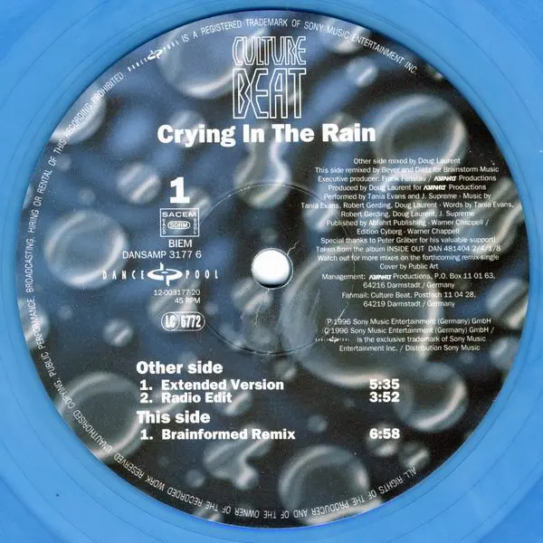 Culture Beat - Crying In The Rain, Electronic, Euro House, House, 1996 - Dance Pool, France, Vinyl 1x 12", Promo Blue