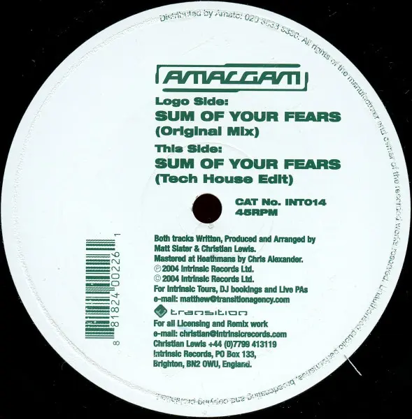 Amalgam - Sum Of Your Fears, Electronic, Progressive House, Tech House, 2004 - Intrinsic Records, UK, Vinyl 1x 12", 45 RPM