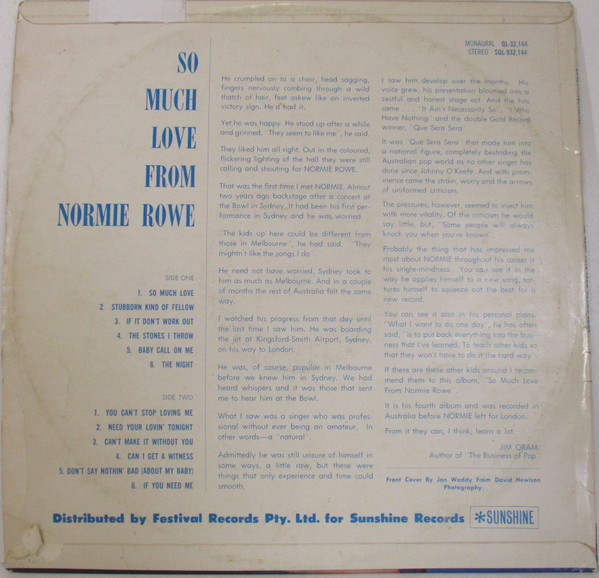 Normie Rowe - So Much Love From Normie Rowe - 1966 - Pop Rock - Sunshine Records (6) - Vinyl 1x LP, Album, Mono