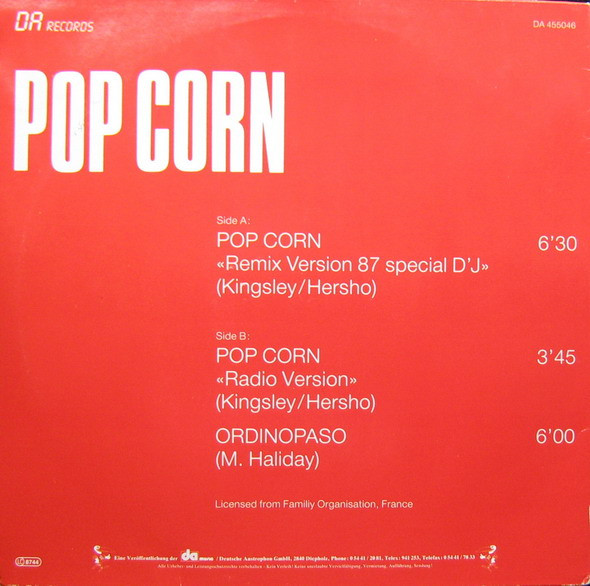 M & H Band - Pop Corn, Electronic, Disco, Euro House, 1987 - DA Records, Germany, Vinyl 1x 12", Maxi-Single, 45 RPM