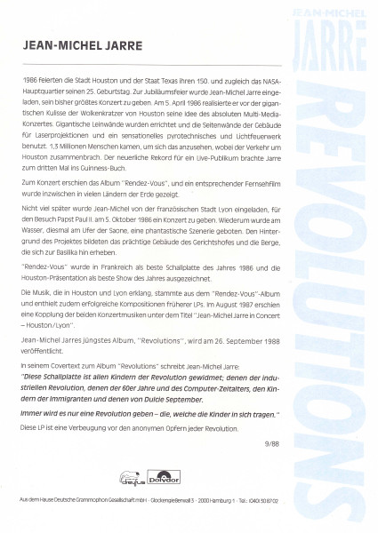 Jean-Michel Jarre - Revolutions, Electronic, Ambient, Electro, Synth-pop, 1988 - Disques Dreyfus, Polydor, Europe, Vinyl 1x L