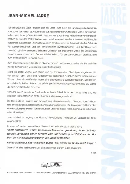 Jean-Michel Jarre - Revolutions, Electronic, Ambient, Electro, Synth-pop, 1988 - Disques Dreyfus, Polydor, Europe, Vinyl 1x L