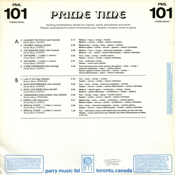 Various - Prime Time, Stage & Screen, Soundtrack, 1984 - Parry Music Ltd, Canada, Vinyl 1x LP