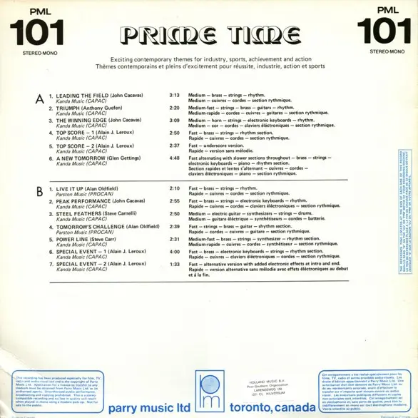 Various - Prime Time, Stage & Screen, Soundtrack, 1984 - Parry Music Ltd, Canada, Vinyl 1x LP