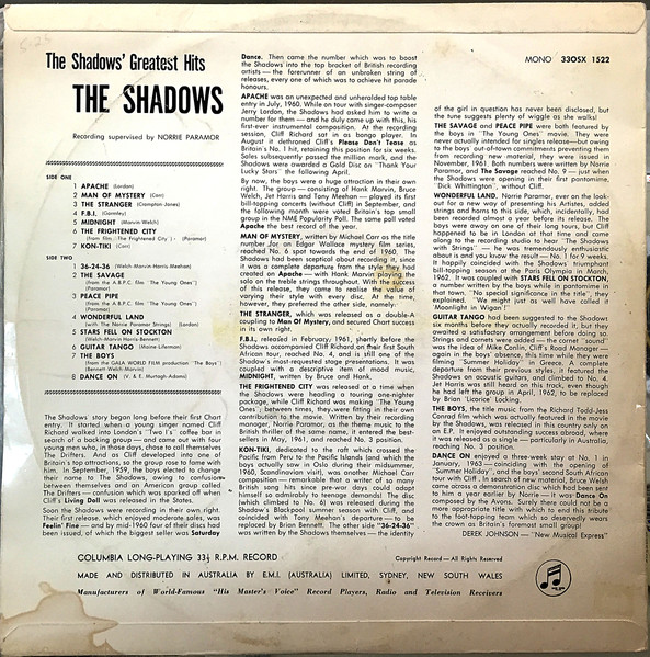 Shadows, The - The Shadows' Greatest Hits - 0 - Pop Rock - Columbia - Vinyl 1x LP, Compilation, Mono