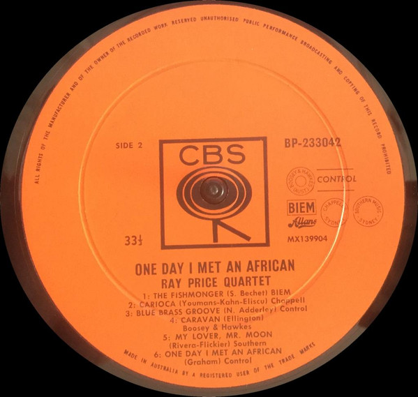 Ray Price Quartet - One Day I Met An African, Jazz, Dixieland, 1963 - CBS, Australia, Vinyl 1x LP, Album, Mono