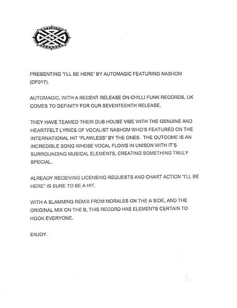 Automagic feat. Nashom - I'll Be Here, Electronic, Deep House, 2002 - Definity Records, US, Vinyl 1x 12", 45 RPM