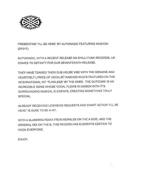 Automagic feat. Nashom - I'll Be Here, Electronic, Deep House, 2002 - Definity Records, US, Vinyl 1x 12", 45 RPM