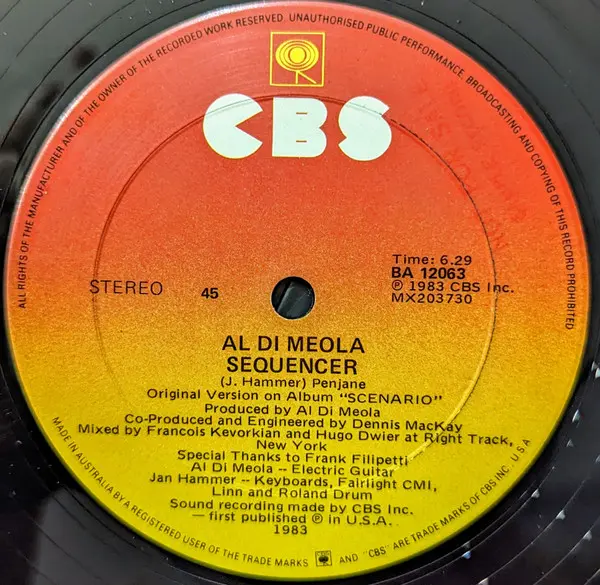 Al Di Meola - Sequencer (Special 12" Mixes), Electronic, Jazz, Rock, Disco, Fusion, 1983 - CBS, Australia, Vinyl 1x 12", 45 R