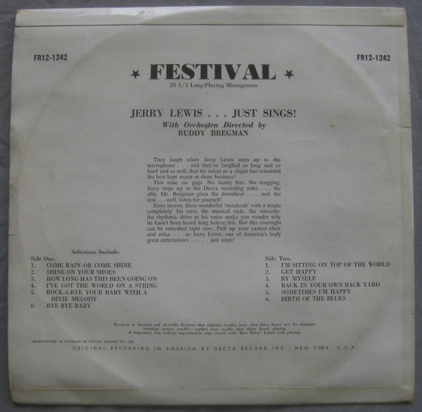 Jerry Lewis (3) - Just Sings, Pop, Vocal, Festival Records, Australia, Vinyl 1x LP, Mono, Album