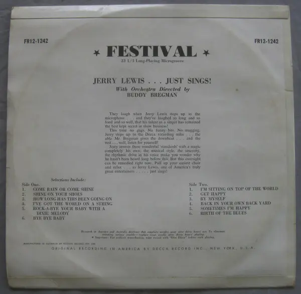 Jerry Lewis (3) - Just Sings, Pop, Vocal, Festival Records, Australia, Vinyl 1x LP, Mono, Album