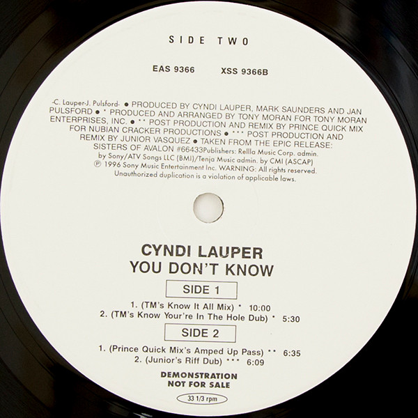 Cyndi Lauper - You Don't Know, Electronic, House, 1996 - Epic, US, Vinyl 1x 12", Promo