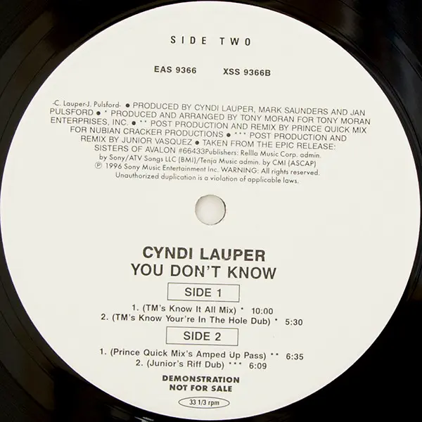 Cyndi Lauper - You Don't Know, Electronic, House, 1996 - Epic, US, Vinyl 1x 12", Promo