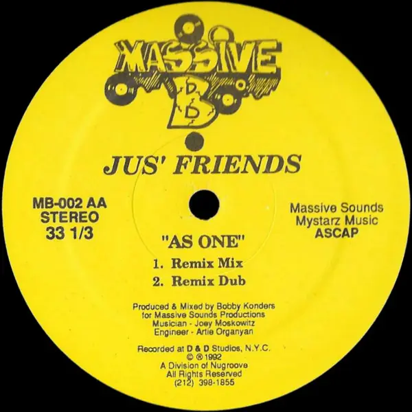 Jus' Friends - As One, Electronic, Deep House, House, 1992 - Massive B, US, Vinyl 1x 12", 33 ⅓ RPM Alternate Font