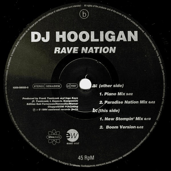 DJ Hooligan - Rave Nation, Electronic, Hard Trance, Hardcore, Trance, 1994 - EastWest, Ultraphonic, Europe, Vinyl 1x 12", 45 