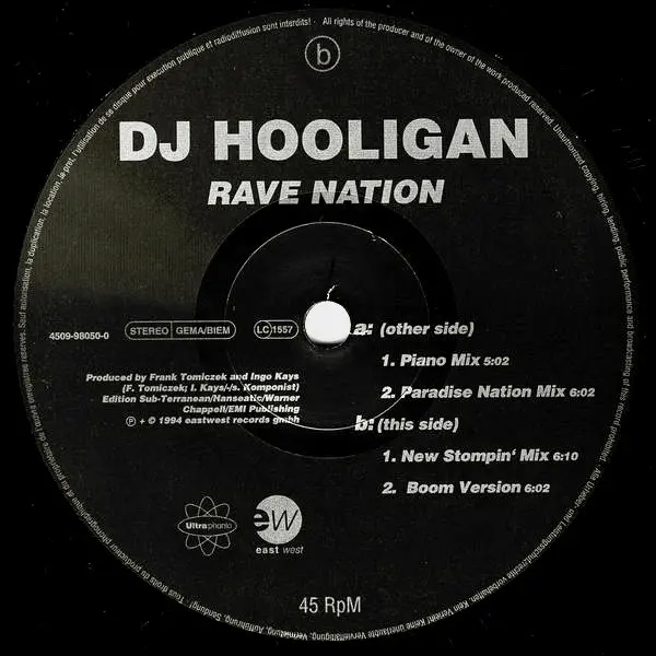 DJ Hooligan - Rave Nation, Electronic, Hard Trance, Hardcore, Trance, 1994 - EastWest, Ultraphonic, Europe, Vinyl 1x 12", 45 