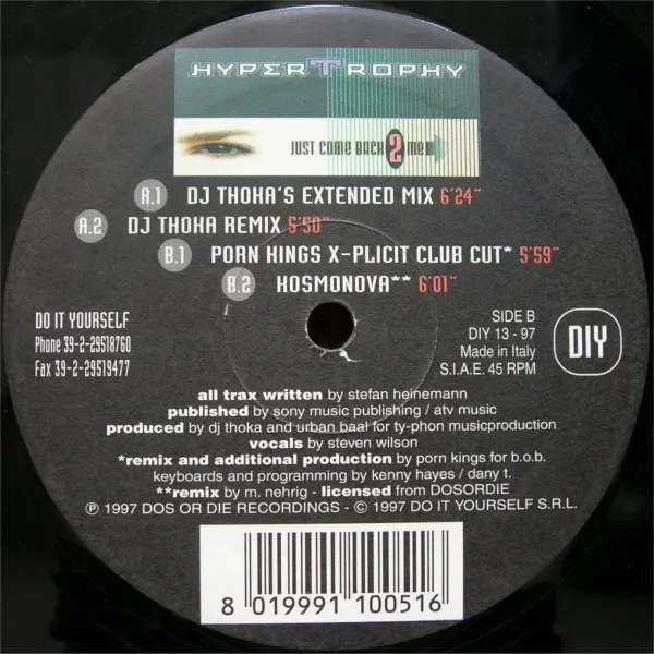 Hypertrophy - Just Come Back 2 Me, Electronic, Hard Trance, Trance, 1997 - Do It Yourself, Italy, Vinyl 1x 12", 45 RPM