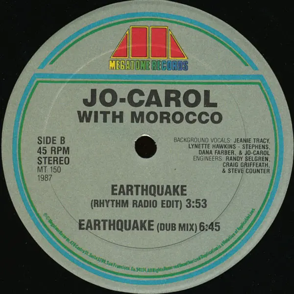 Jo-Carol With Morocco - Earthquake, Electronic, Disco, Hi NRG, 1987 - Megatone Records, US, Vinyl 1x 12"